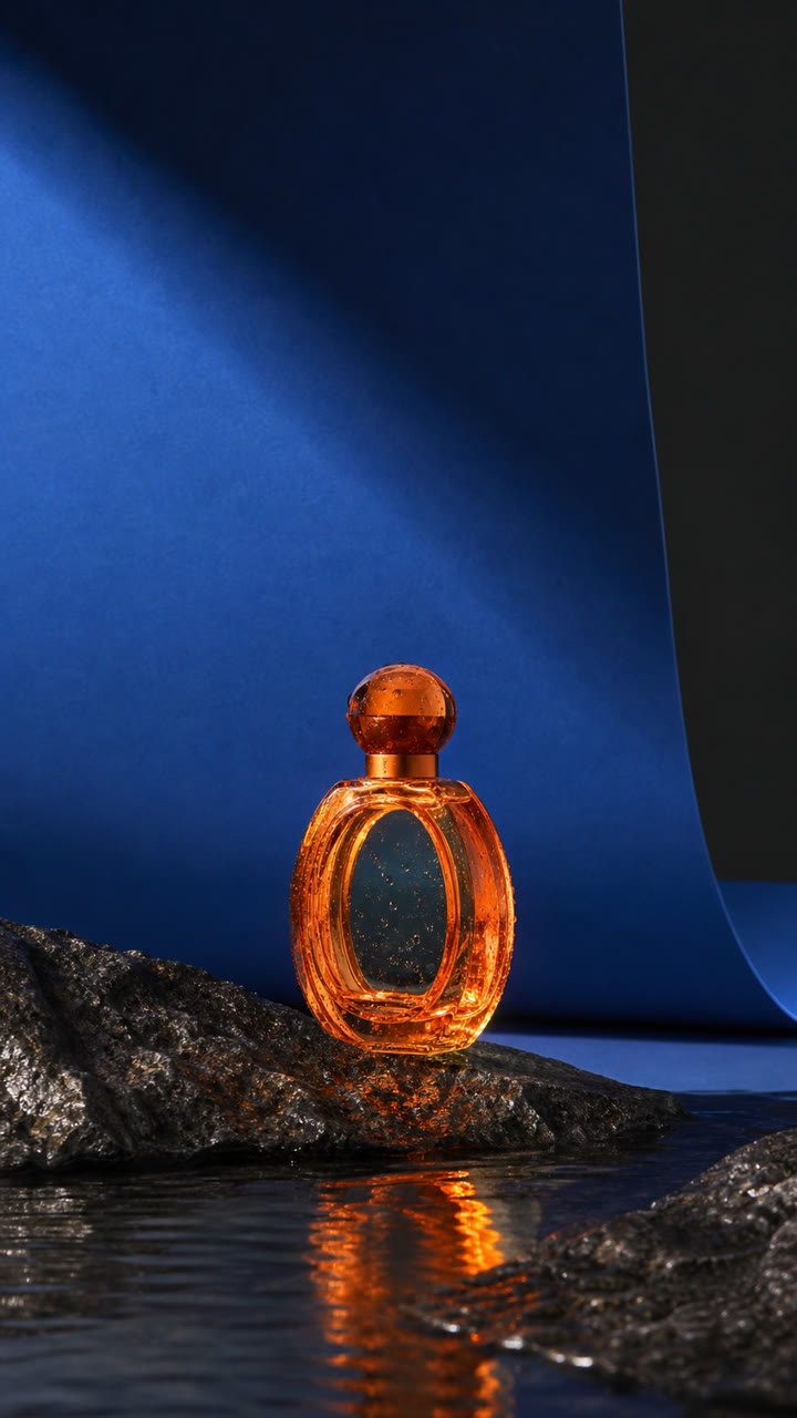 Amber glass perfume bottle photographed on volcanic stone against a cobalt backdrop